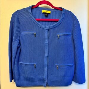 St. John Cardigan Sweater Blue 100% Silk Zip Front Pockets Cropped Large Women